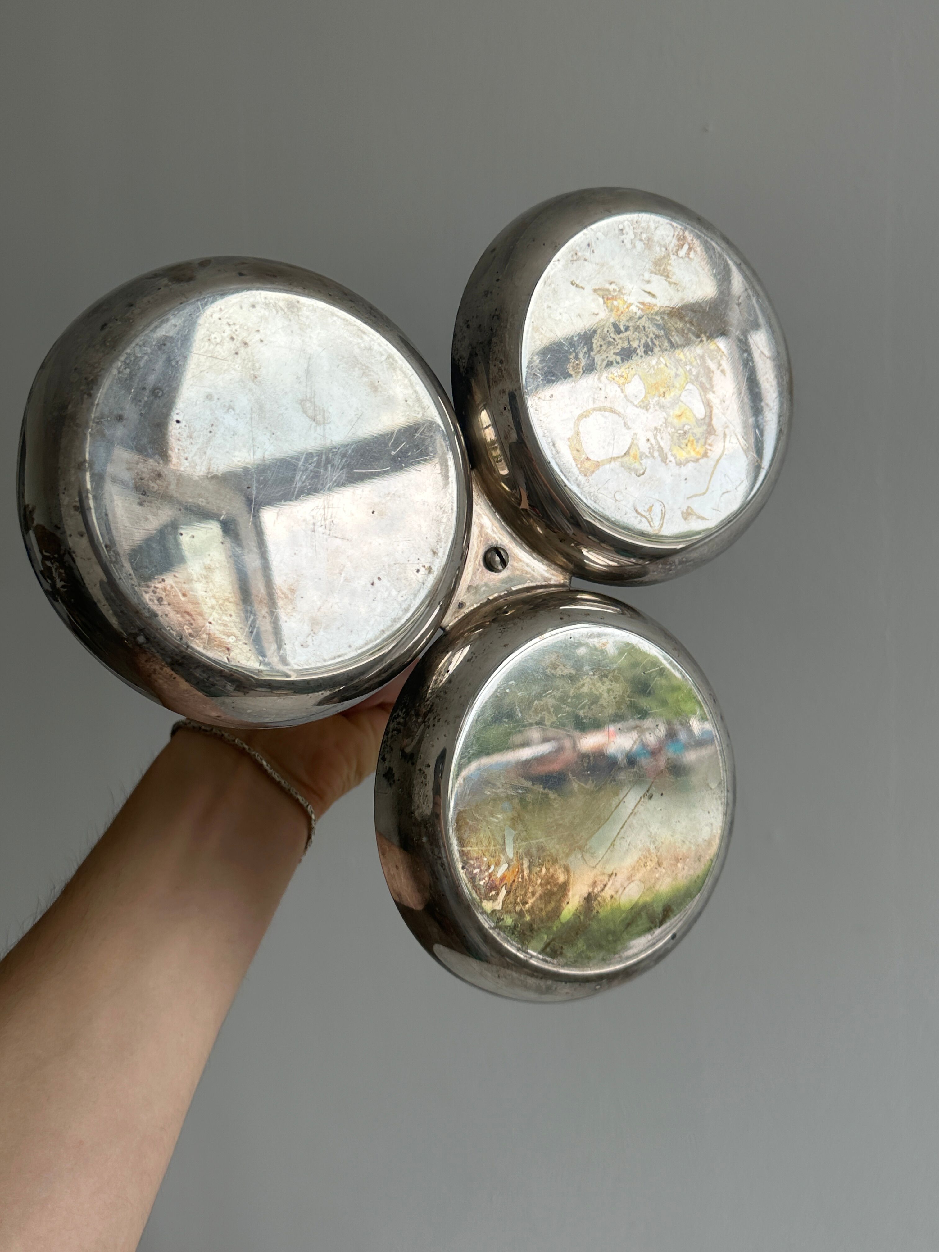 antique tripartite dish with carved handle