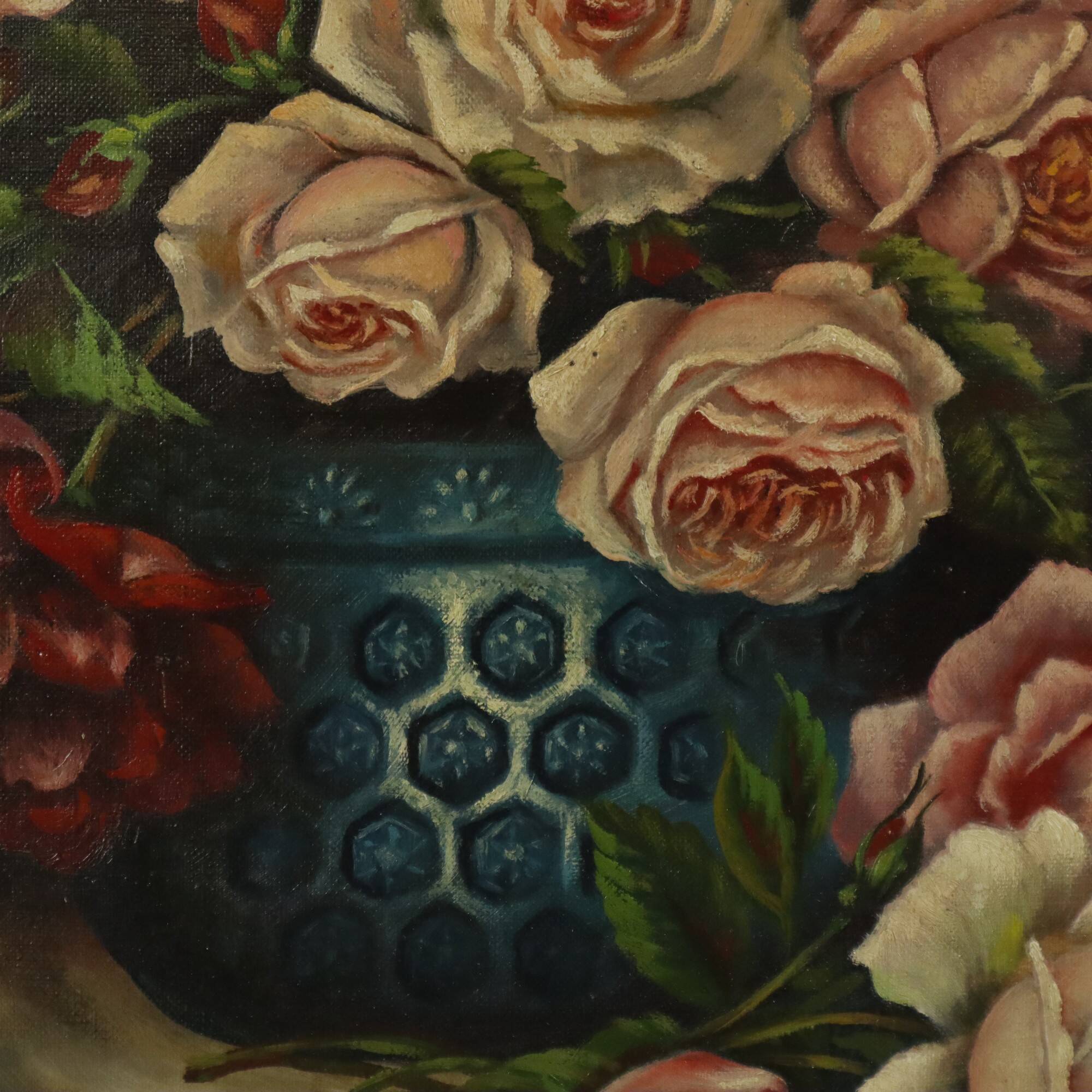 Large Floral Still Life Painting Roses Bouquet Signed R. Blanlin