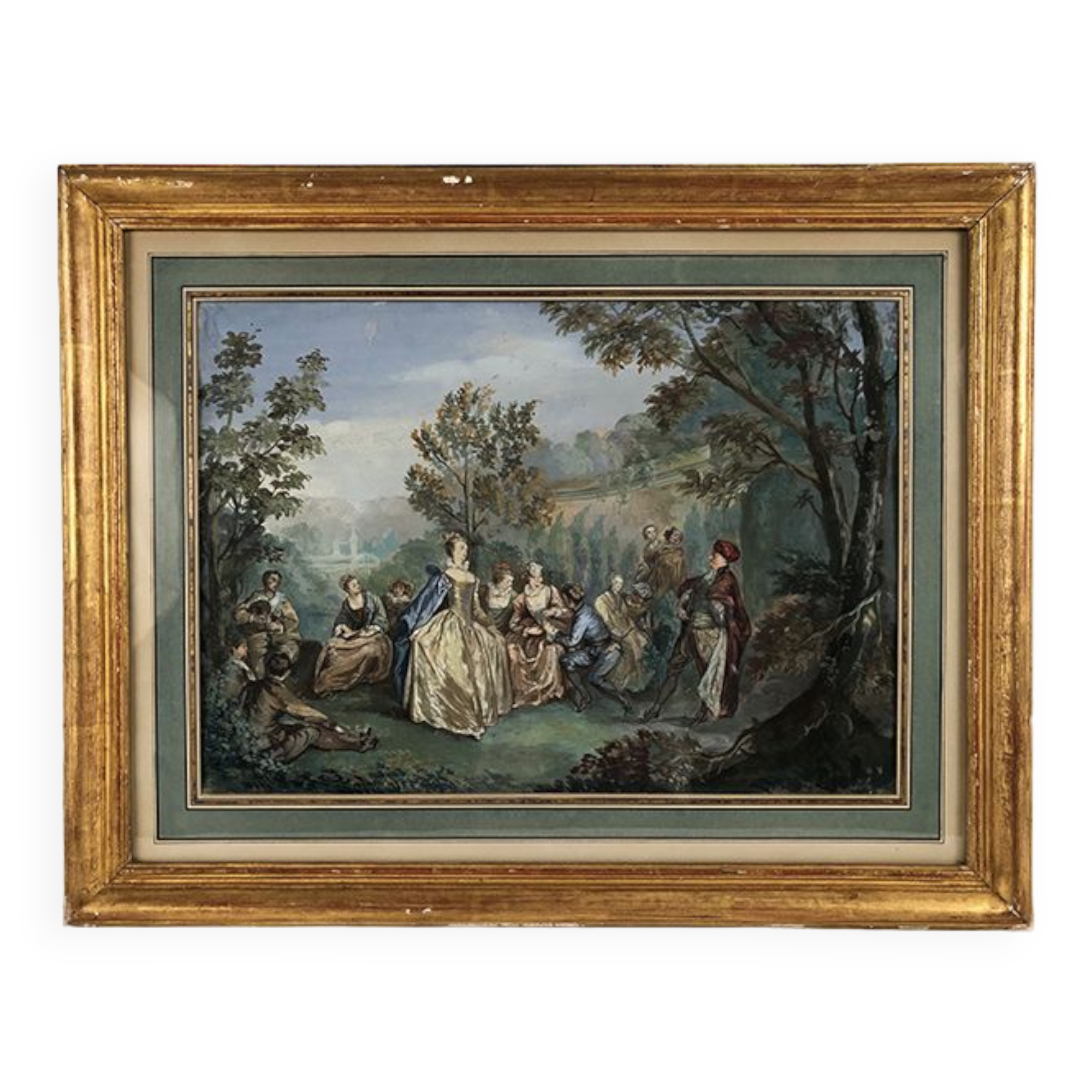 Party in the garden, framed watercolor late nineteenth