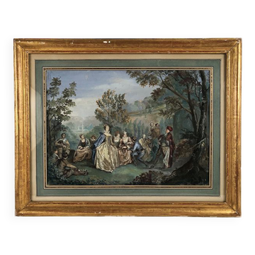 Fête dans le jardin, aquarelle encadrée fin XIXe
