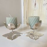 Set of 2 Silver Candle Holders - Tulip Shape on Vine Leaf