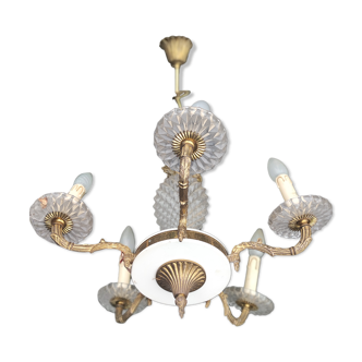 Chandelier suspension pineapple glass brass 5 style Hollywood Regency