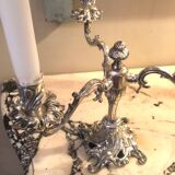 Pair of three-armed silver-plated metal candelabras