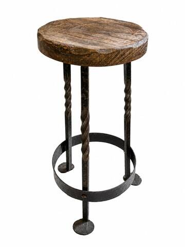 Vintage brutalist stool made of solid wood and twisted wrought iron – loft style