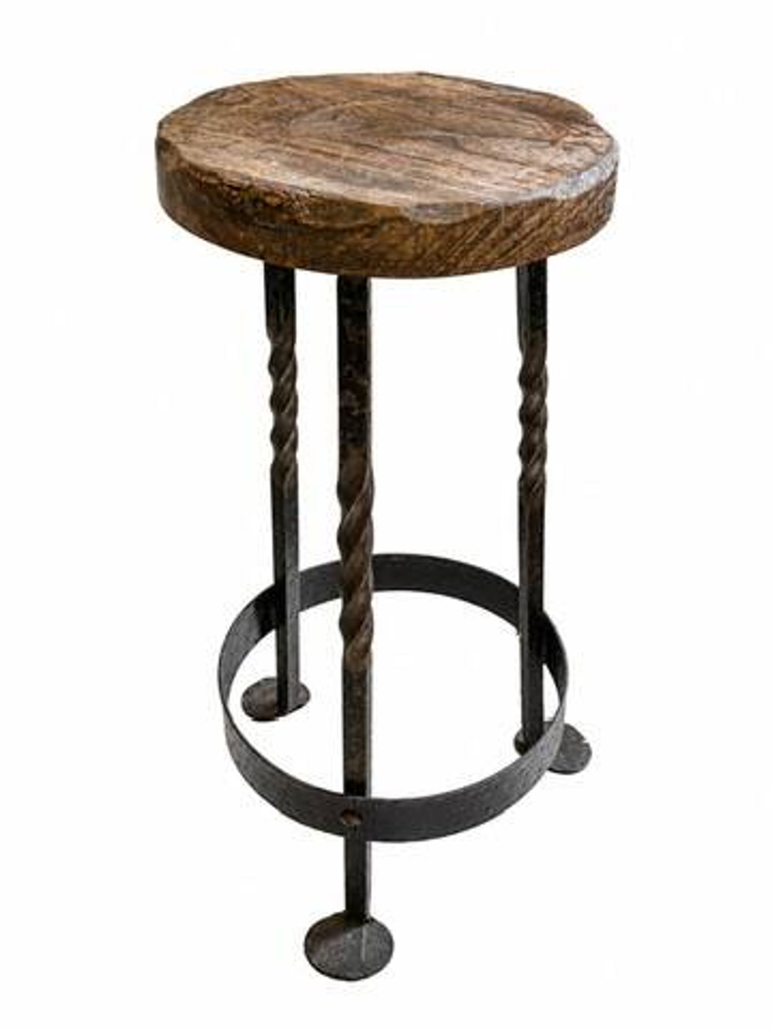 Vintage brutalist stool made of solid wood and twisted wrought iron – loft style