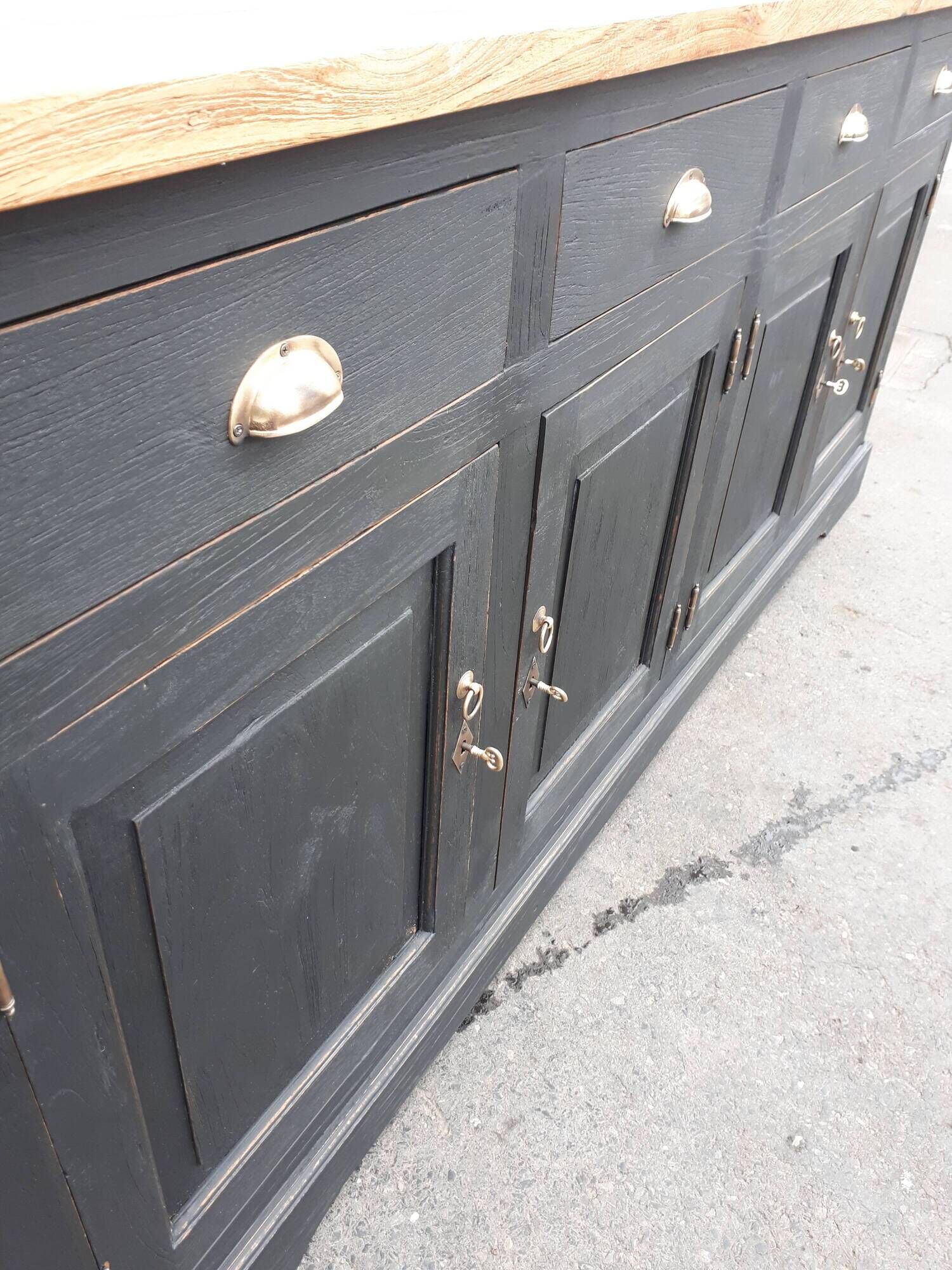 Industrial buffet four doors and four drawers black handles brushed brass patina