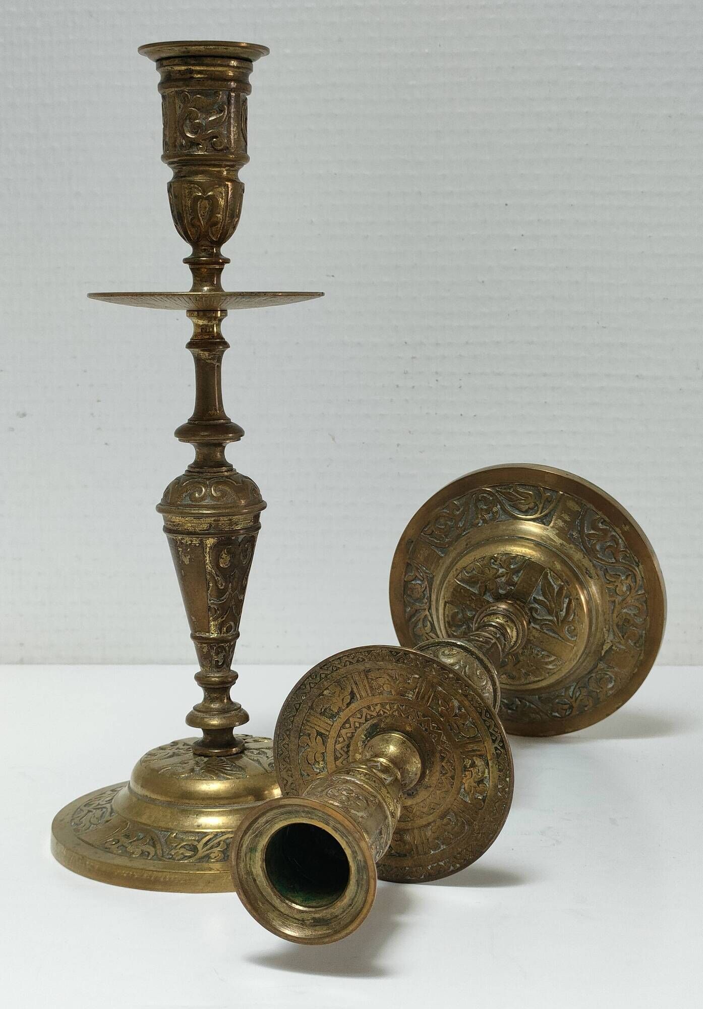 Pair of candle holders patinated bronze floral decoration early twentieth century