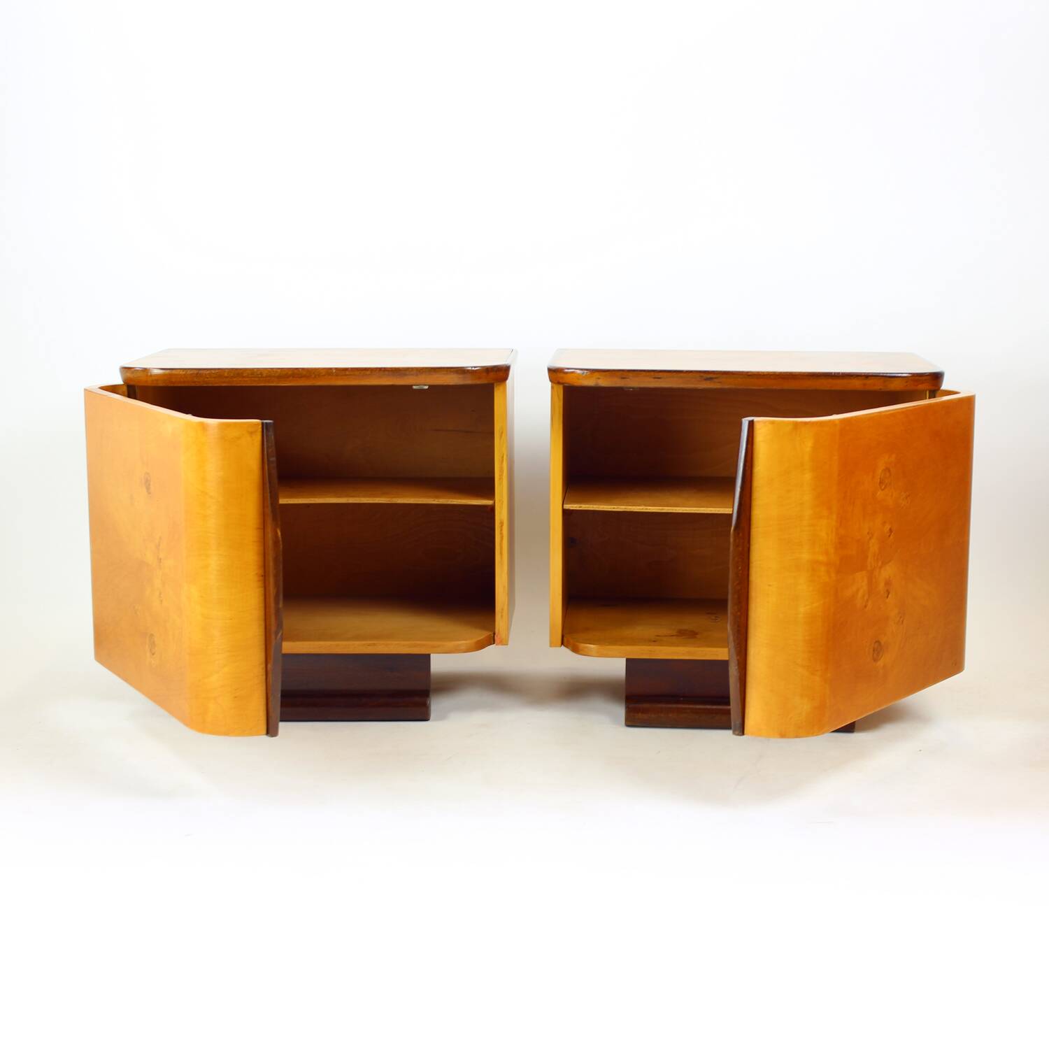 Pair Of Art Deco Bedside Tables, Walnut Veneer, Czechoslovakia, 1940s