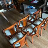 Art Deco period dining chairs in mahogany seating white leather