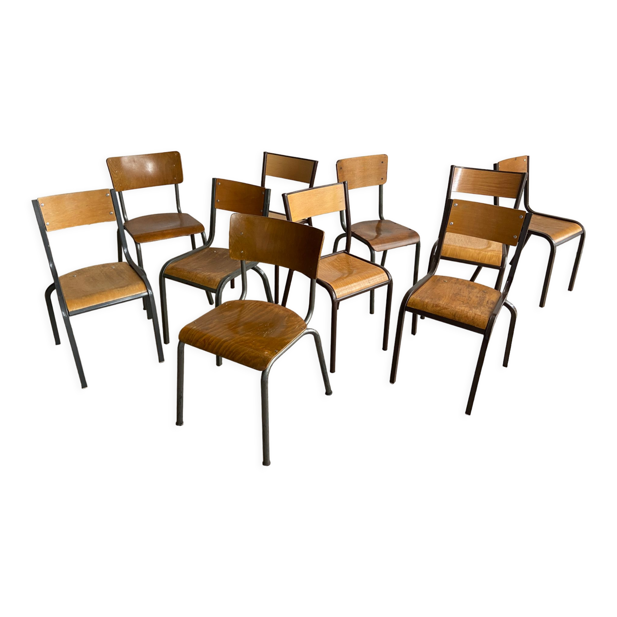 Set of 10 mismatched industrial chairs vintage mullca