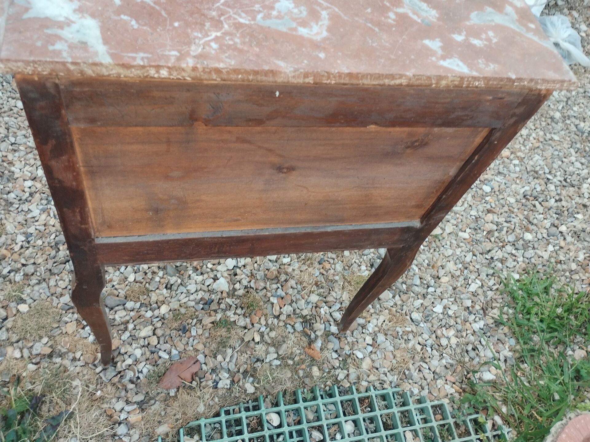 Antique marquetry commode with marble top in Louis XVI style.