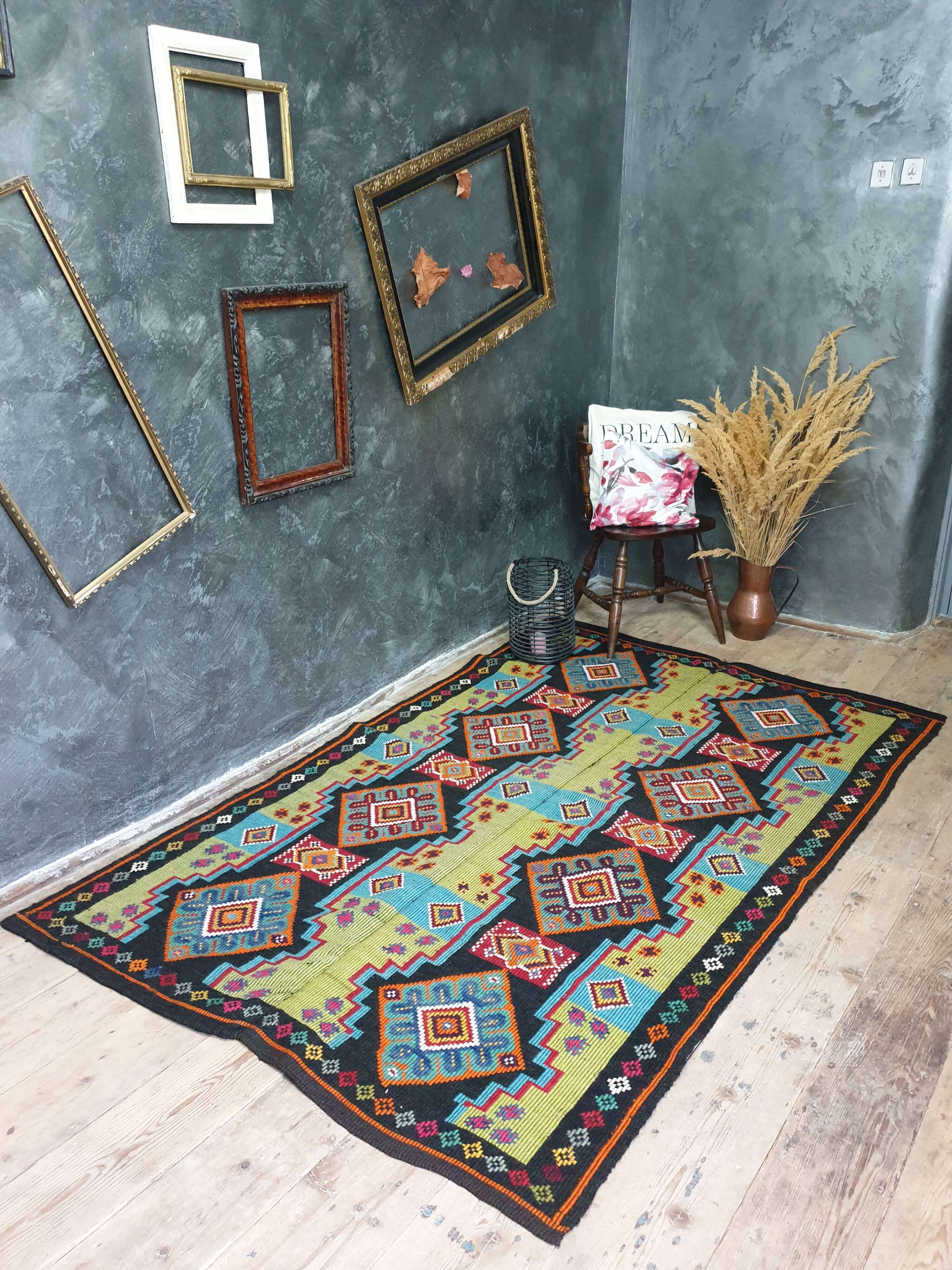 Handwoven vintage accent geometrical rug, colorful wool, Romanian carpet 220x146cm