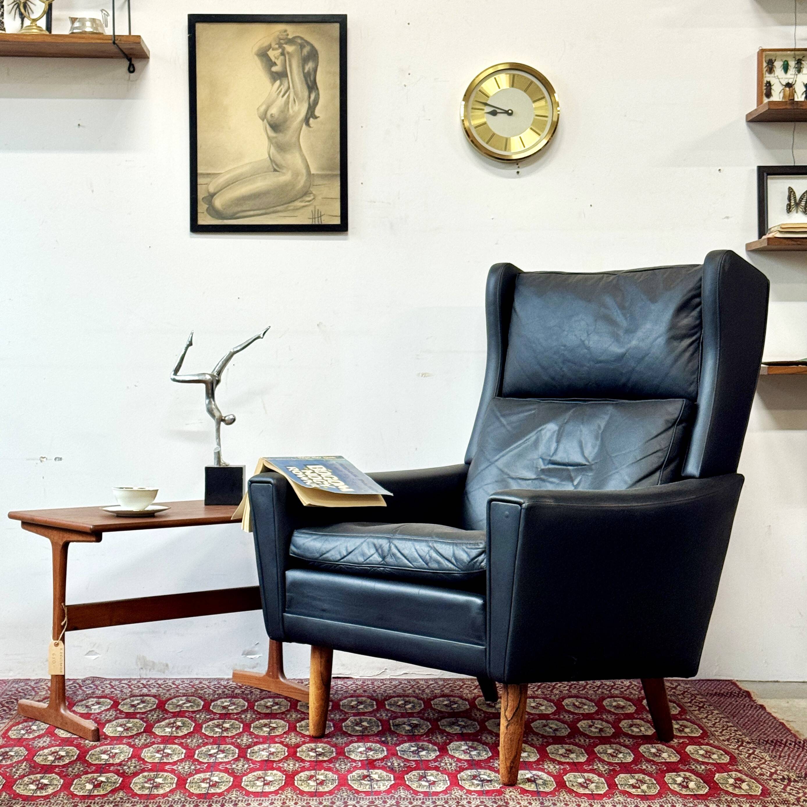 Leather Wingback Chair, Denmark 1970s, Vintage, Mid-C Modern
