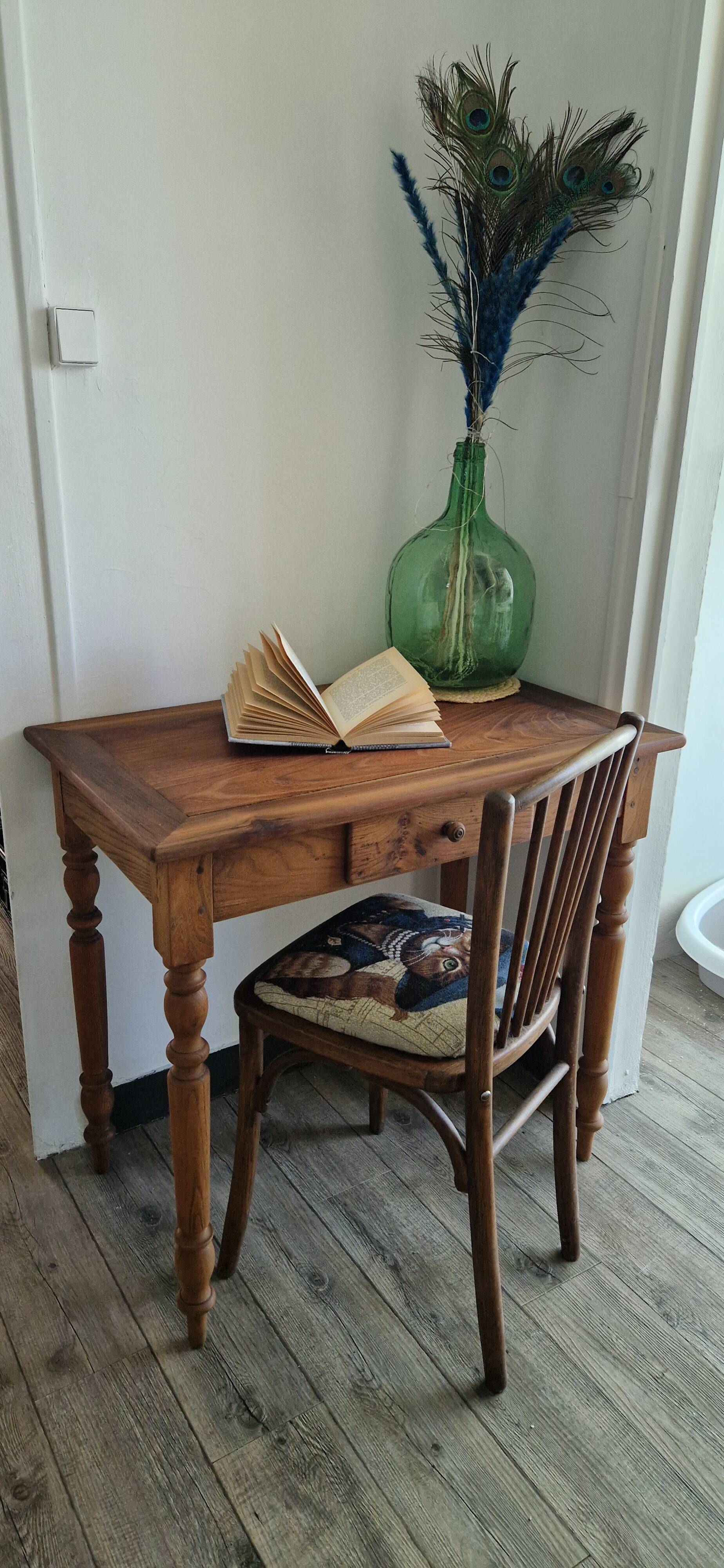 Antique writing table, solid wood desk with turned legs