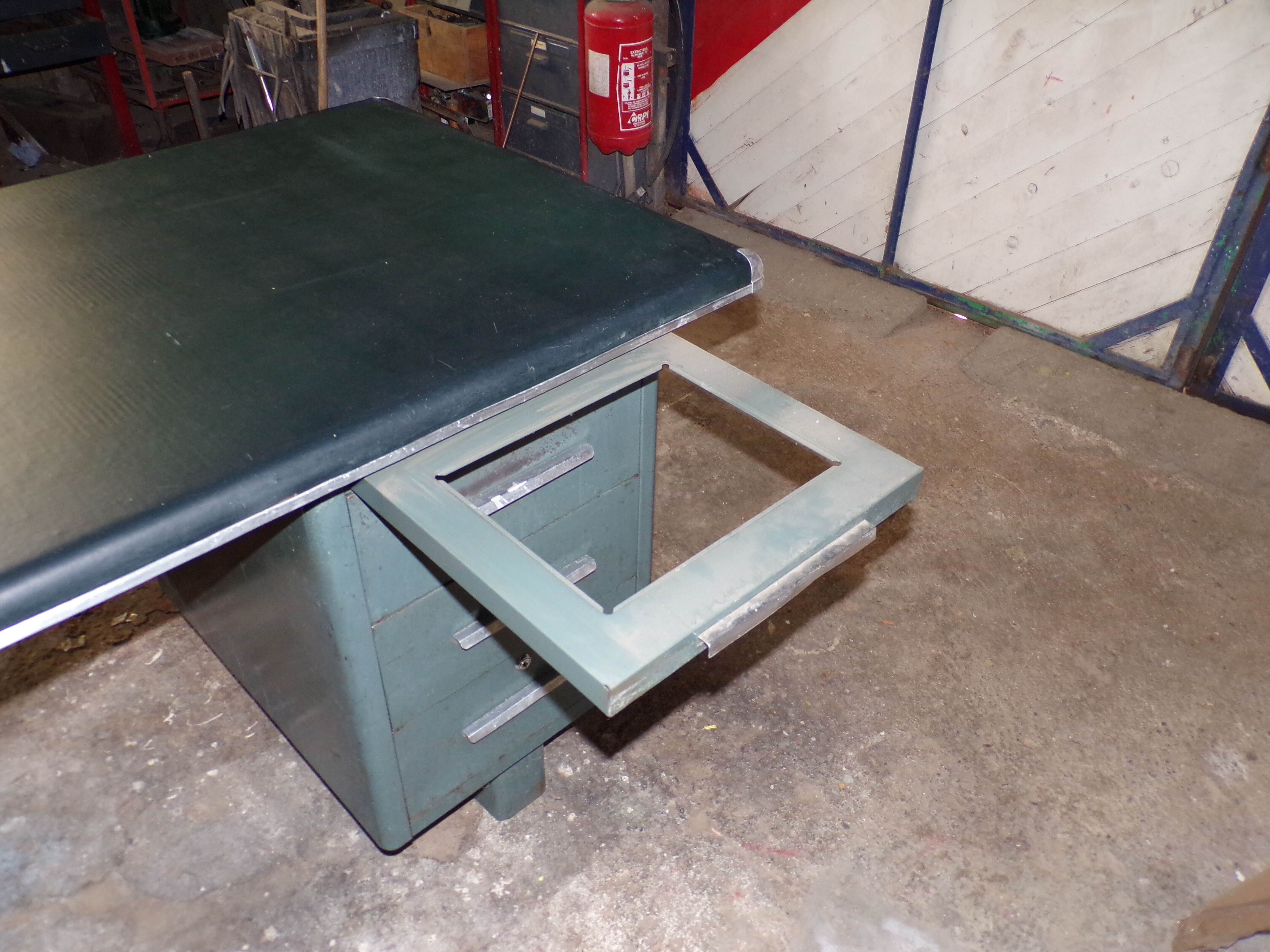 Green metal desk