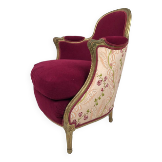 Bergère in gilded wood trimmed with fuchsia silk and velvet, art deco inspired by Louis XVI