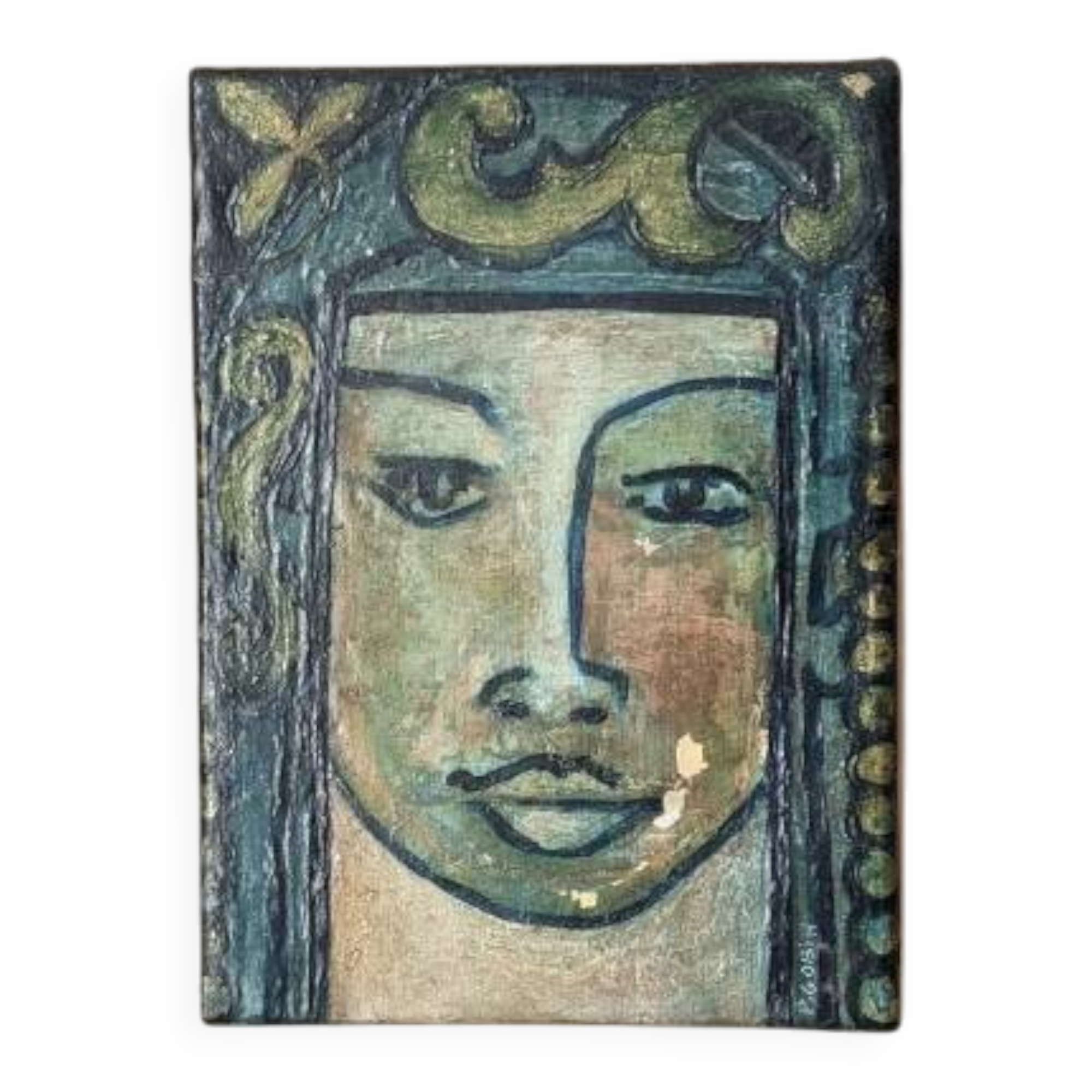 Antique acrylic painting on canvas vintage ethnic tribal portrait