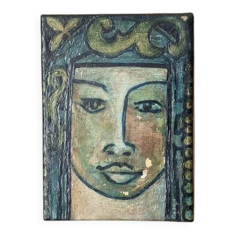 Tableau ancien acrylique sur toile portrait vintage ethnique tribal