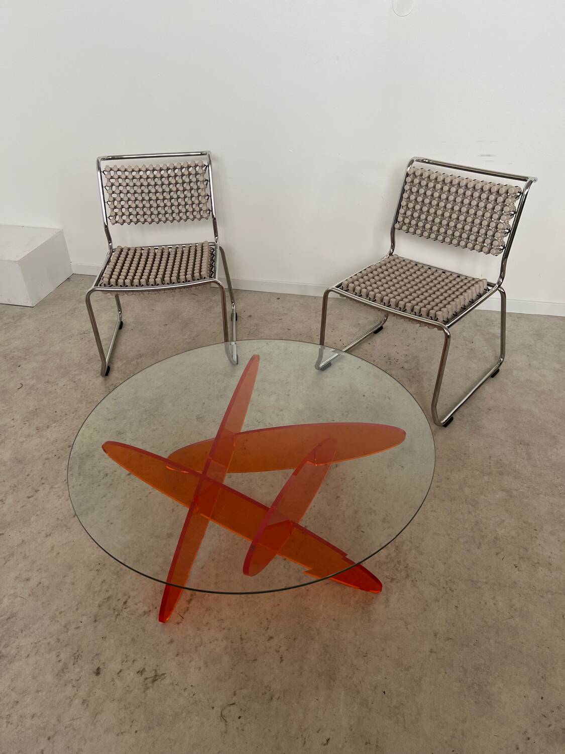 Geometric coffee table glass and orange plexi design 70s Space vintage age