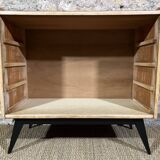Commode 50's chêne clair pieds compas 4 tiroirs relookée