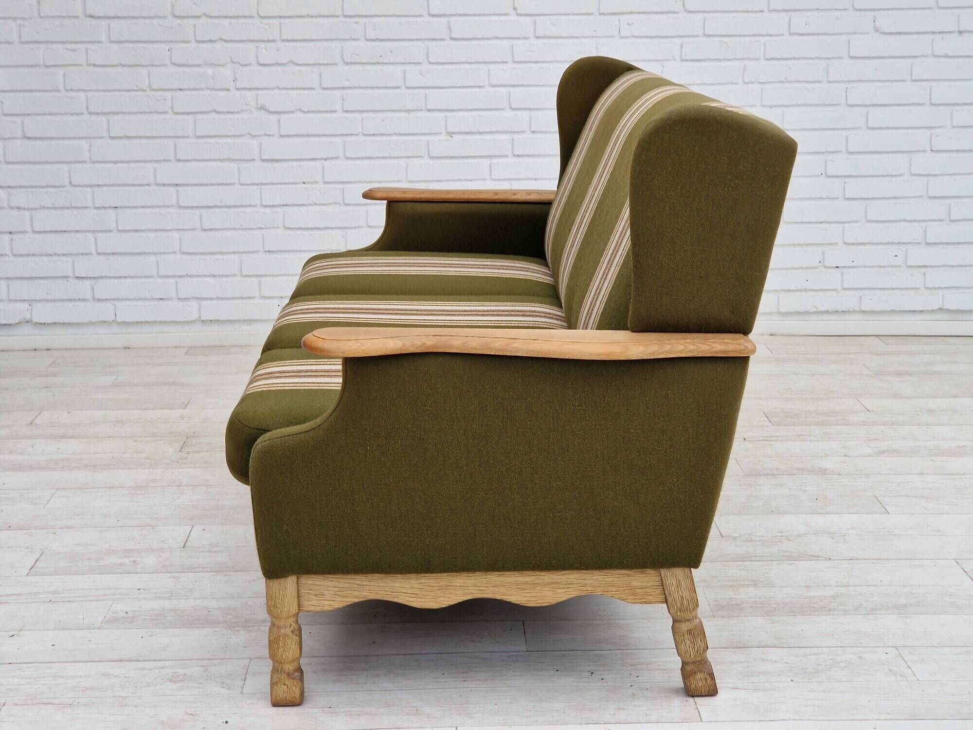 1970s, Danish vintage 3 seater, green fabric, oak wood, original condition.