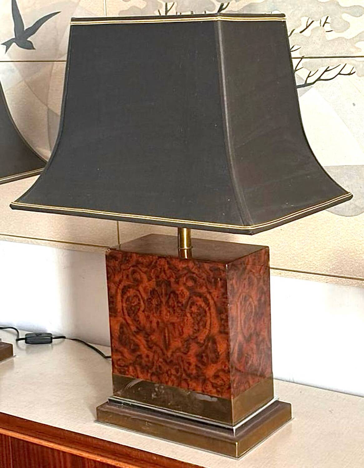 Pair of burl and copper table lamps by style Mahey