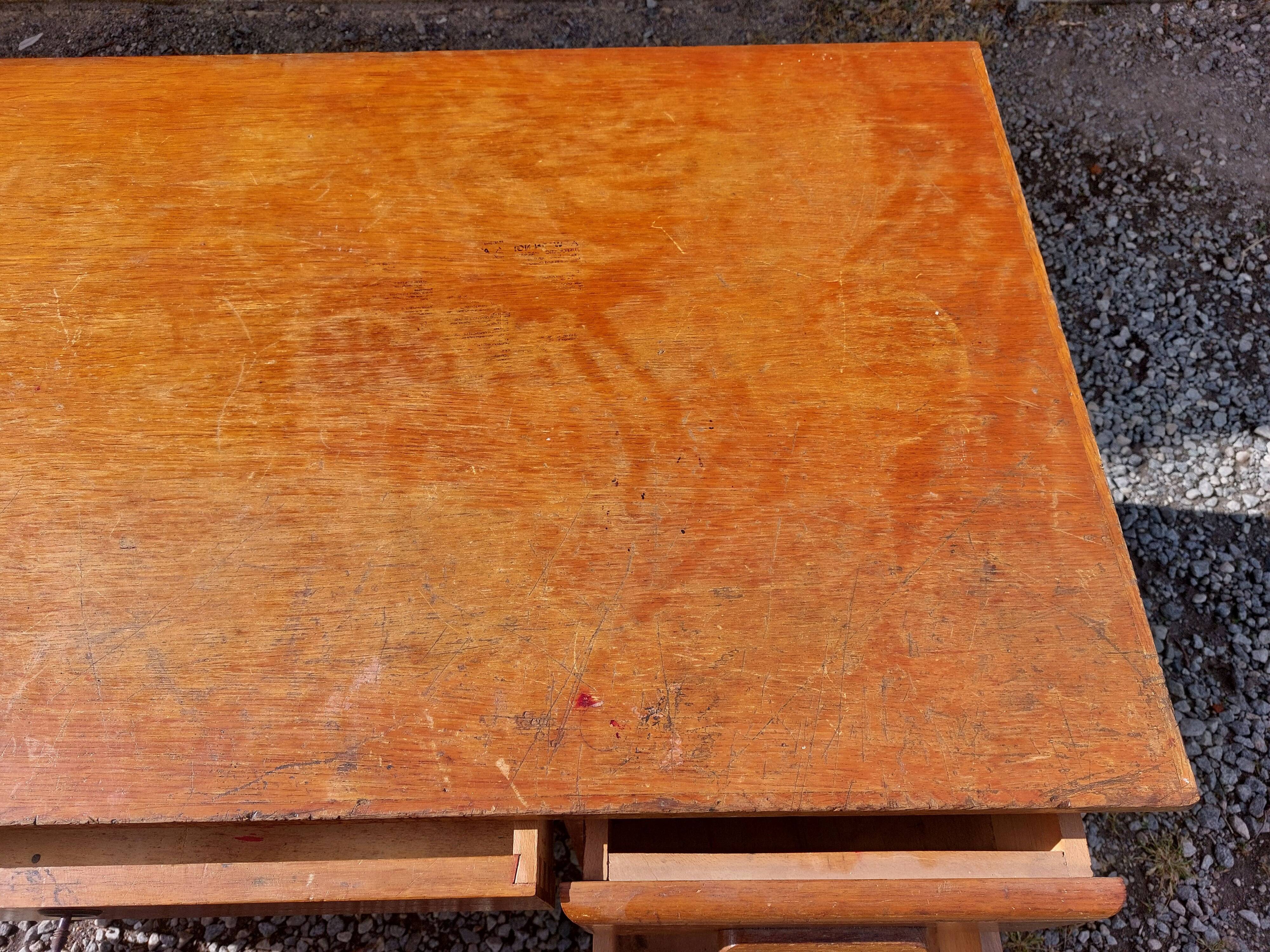 schoolmaster's desk, wood and metal, with drawers and cupboard