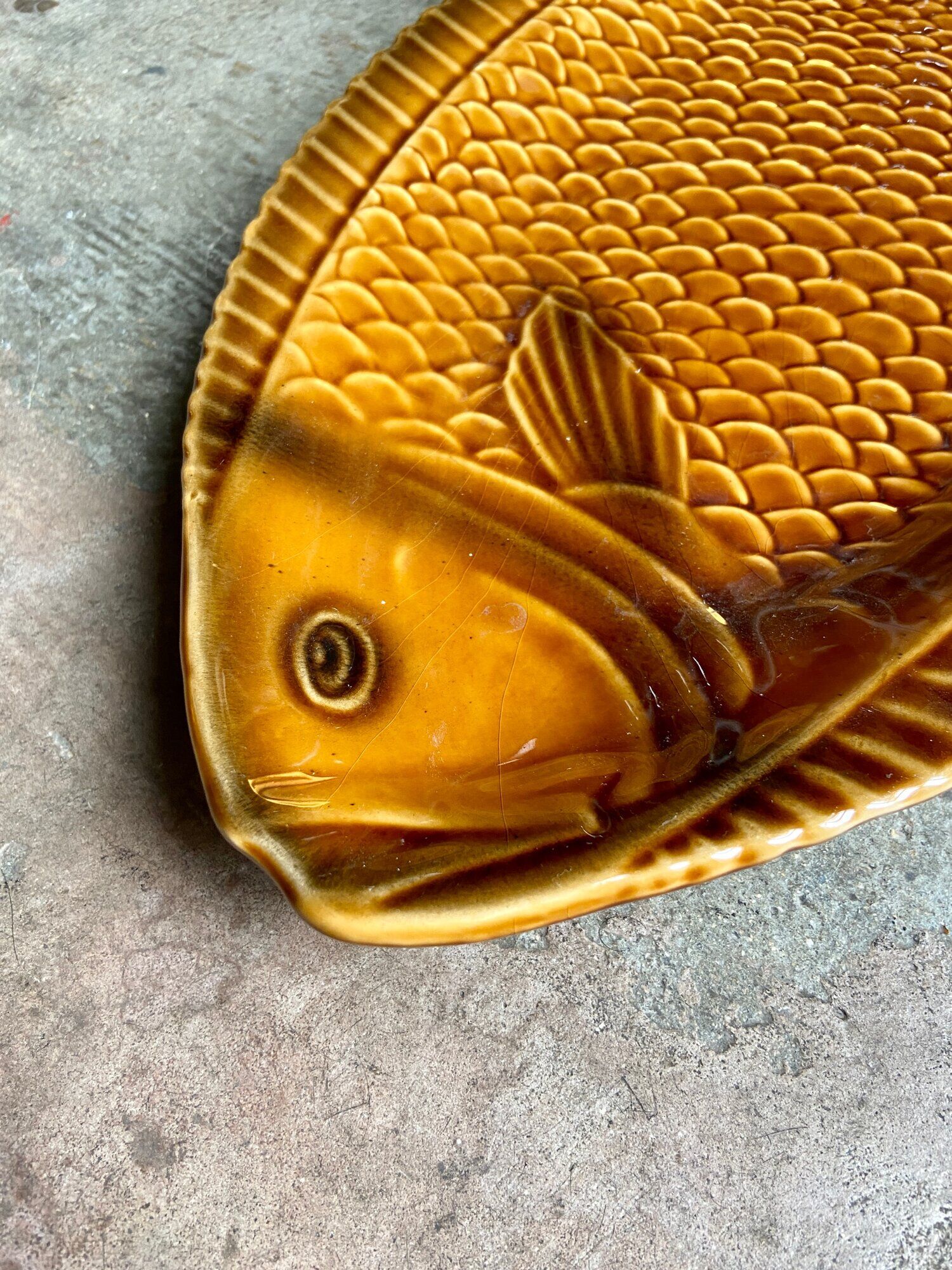 Sarreguemines fish dish in ochre glazed earthenware