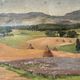Old oil painting of a landscape on panel from 1920, haystacks.
