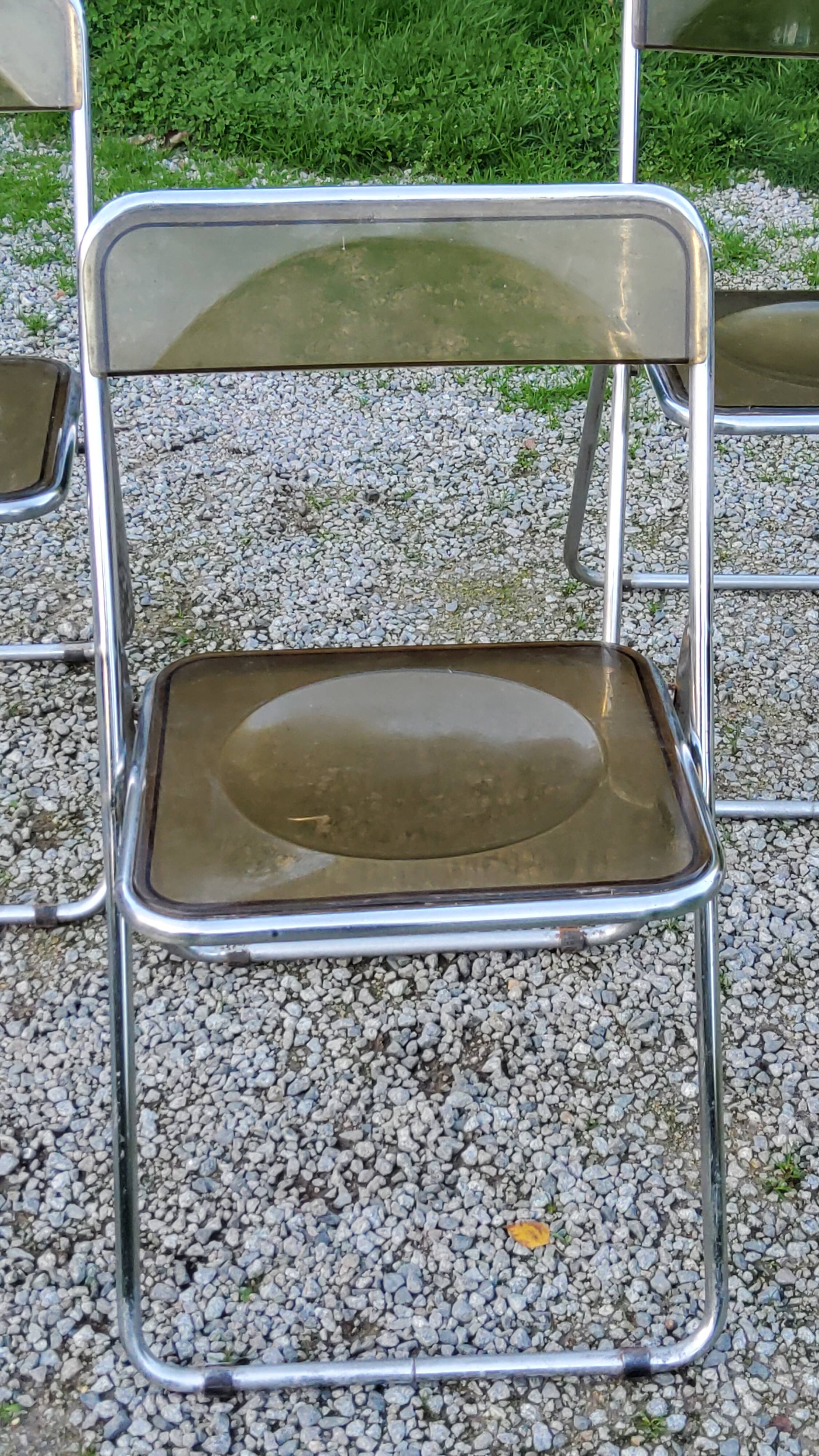 Set of 4 70s design folding chairs in smoked plexiglass and chrome metal