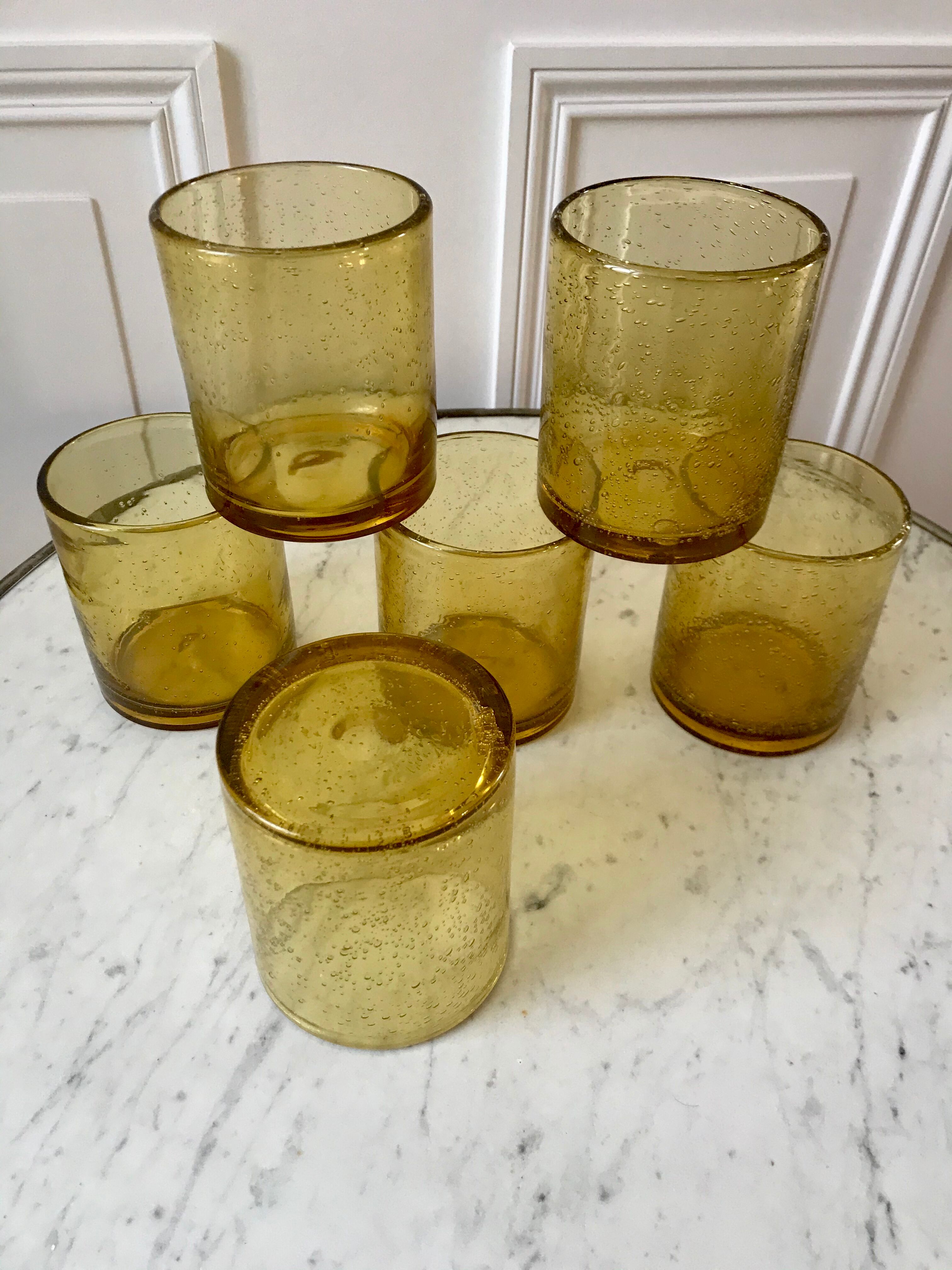 Set of 6 yellow bubble glass water glasses 70s