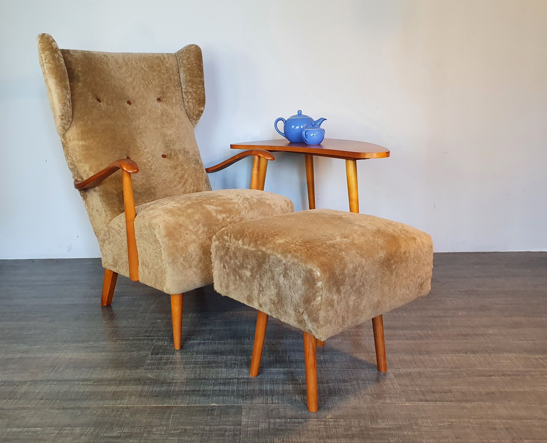 Norwegian sheepskin wing armchair with ottoman 1950