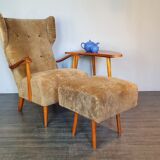 Norwegian sheepskin wing armchair with ottoman 1950
