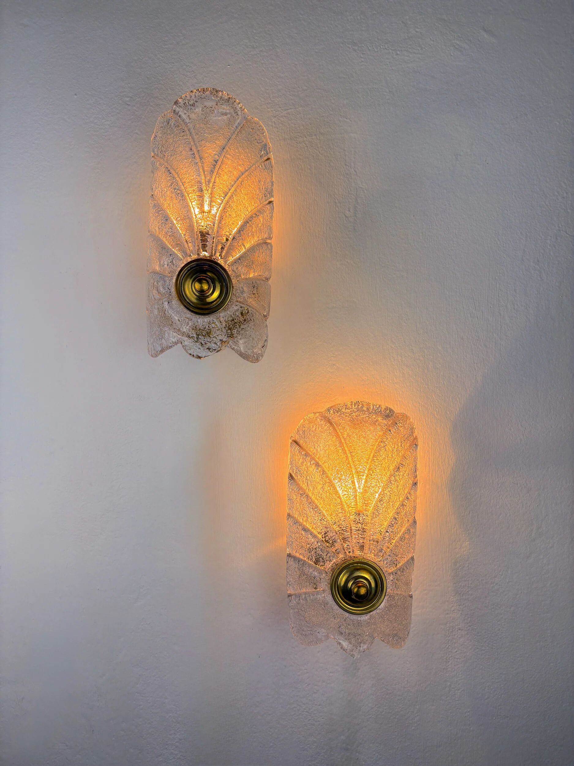 Pair of Murano frosted leaf sconces, textured glass & gilt details, Italy 1970s