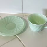 Mint Green Opaline Teacup and Saucer with Swirl Motif, Made in France