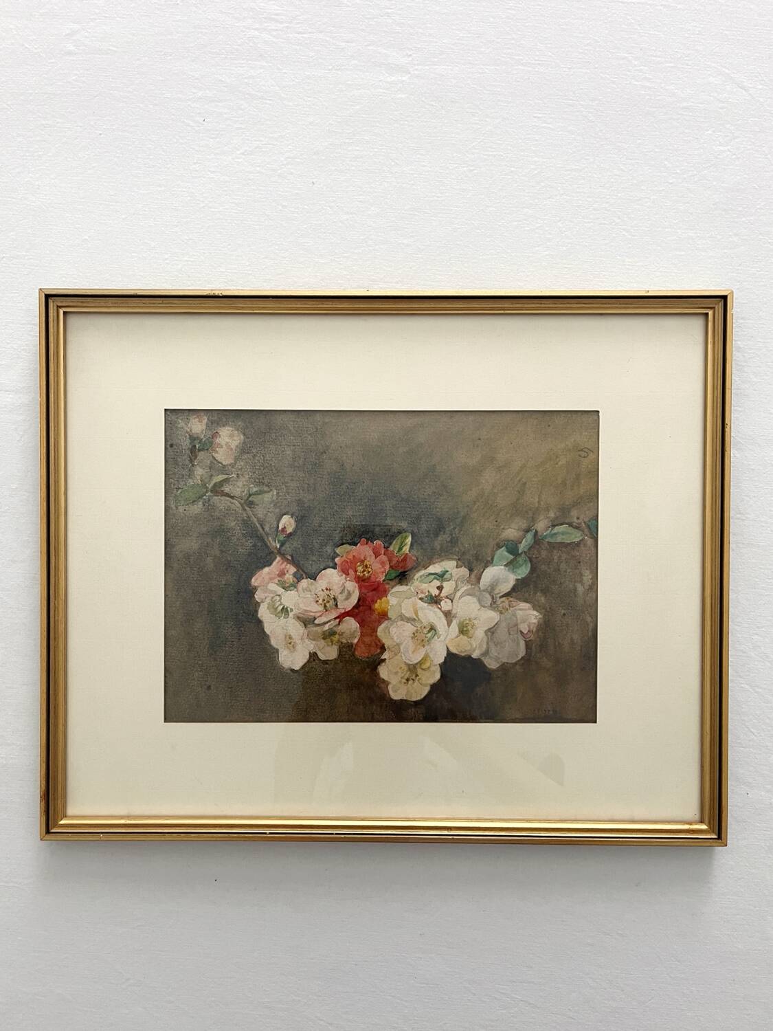 Old watercolour and gilded frame with cherry blossoms.