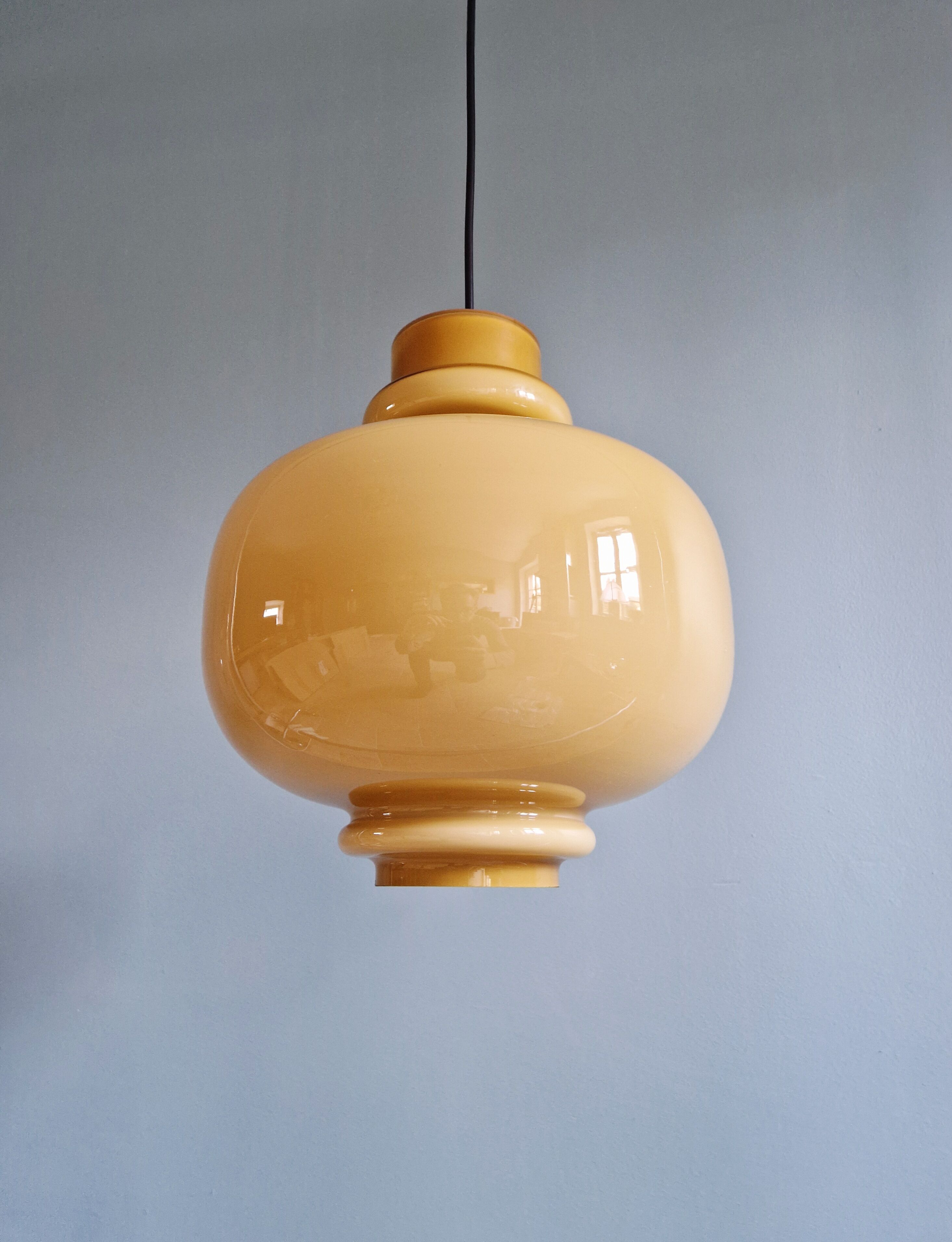 Scandinavian suspension light in mustard opaline, H-A Jakobsson, 1970.