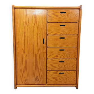 Petite armoire type commode avec tiroirs et penderie vintage Gautier en pin