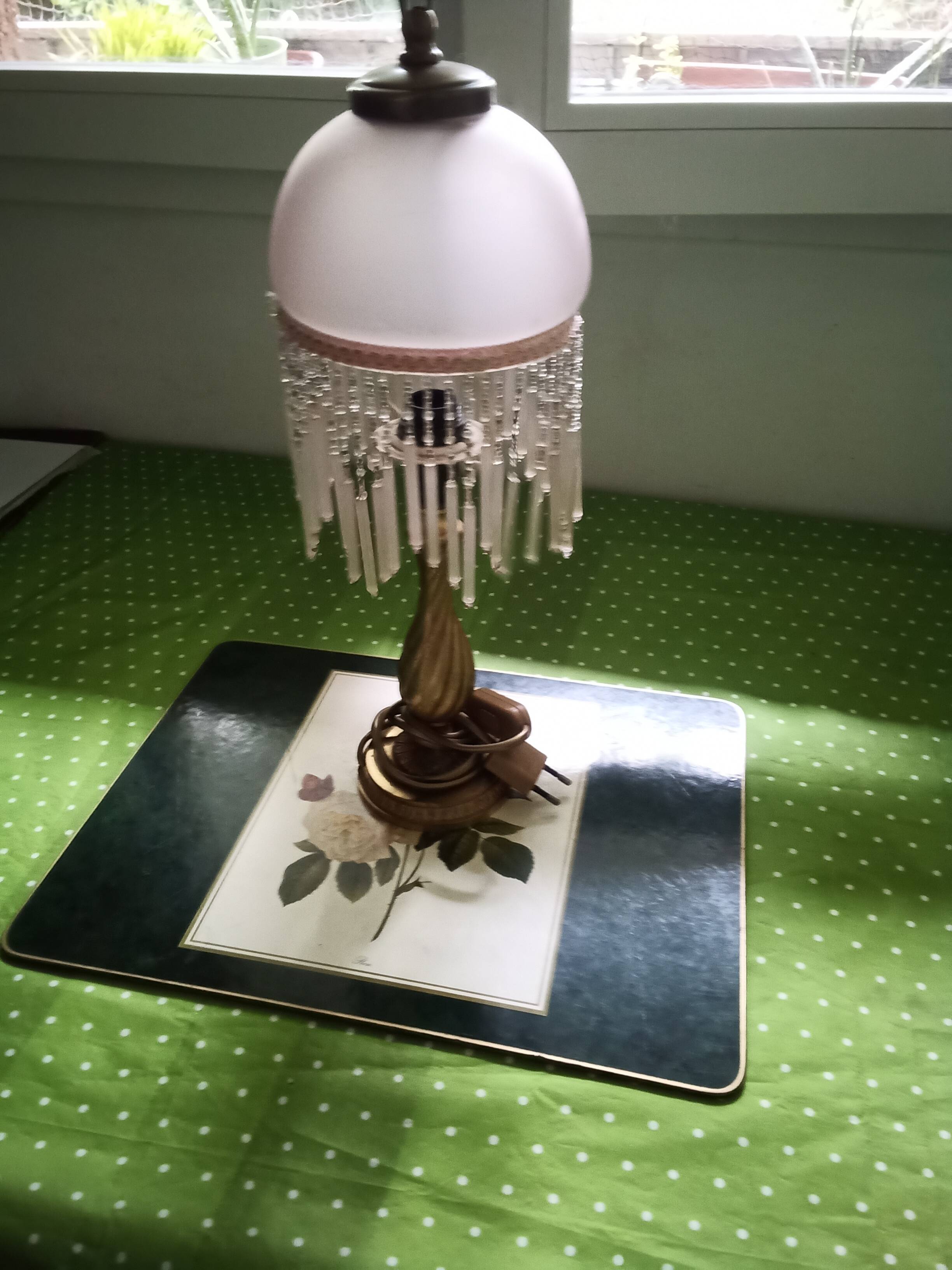 Bedside lamp with opaline and tassels and gold metal from the 1970s