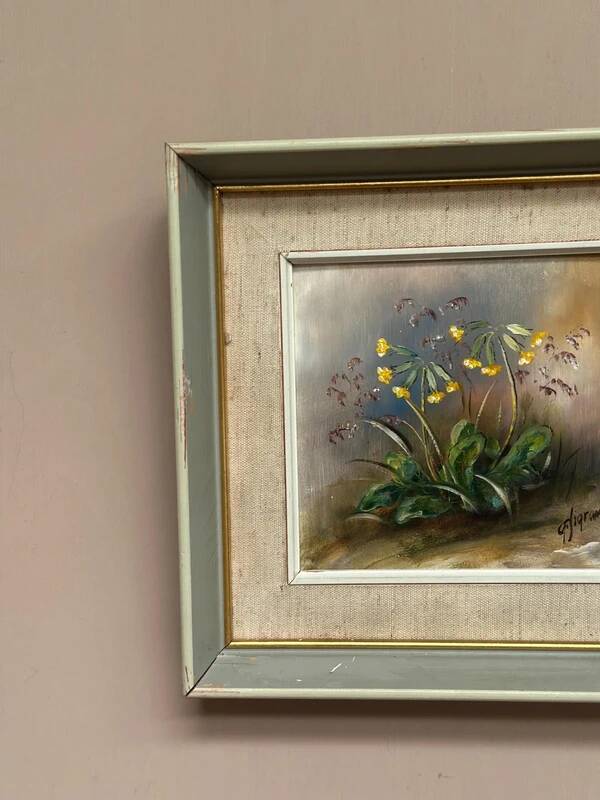Mid-century oil on panel 'Flowers' by G. Sigrand, vintage & framed 24 × 24 cm