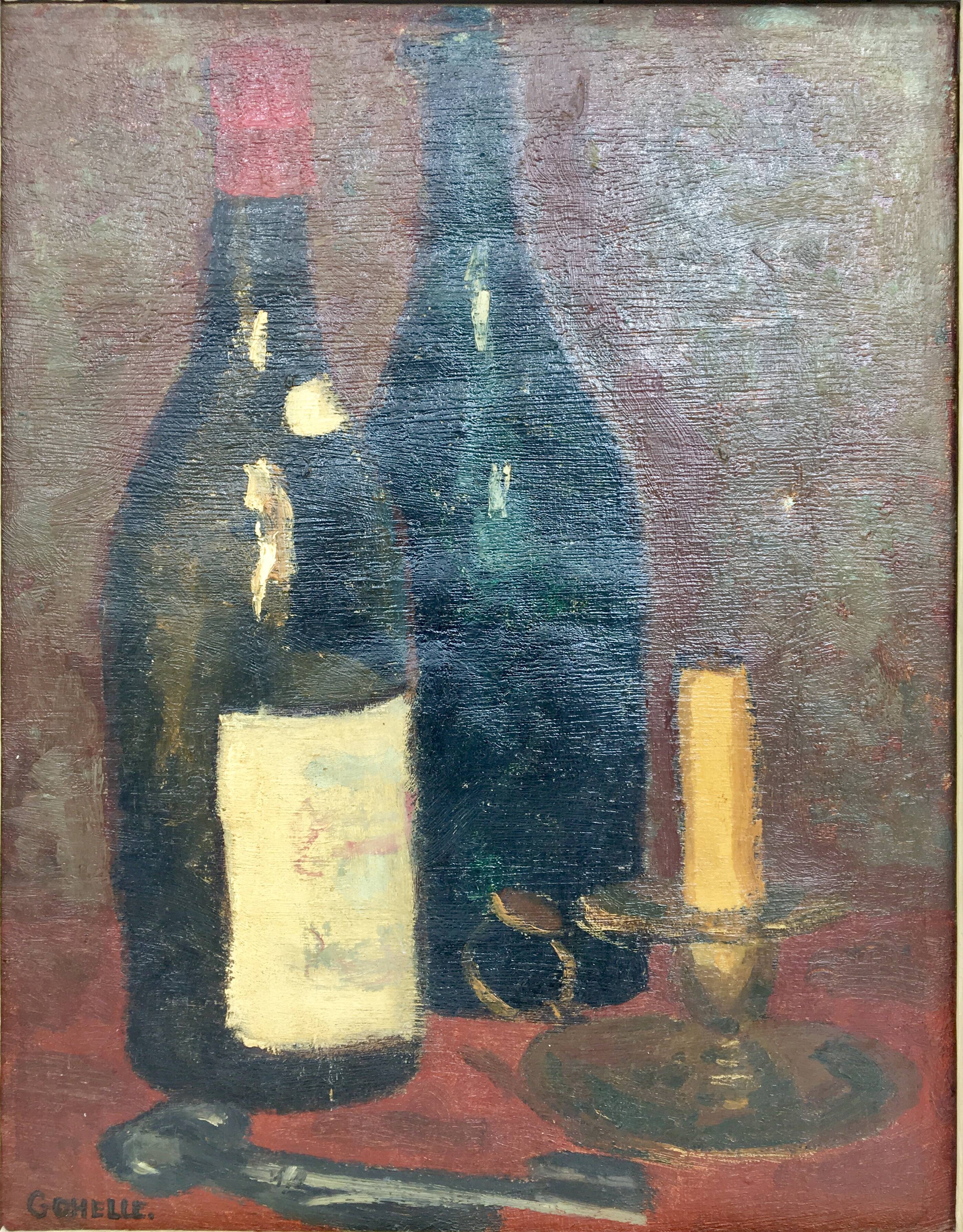 Still life with bottles of wine and candle district XX century