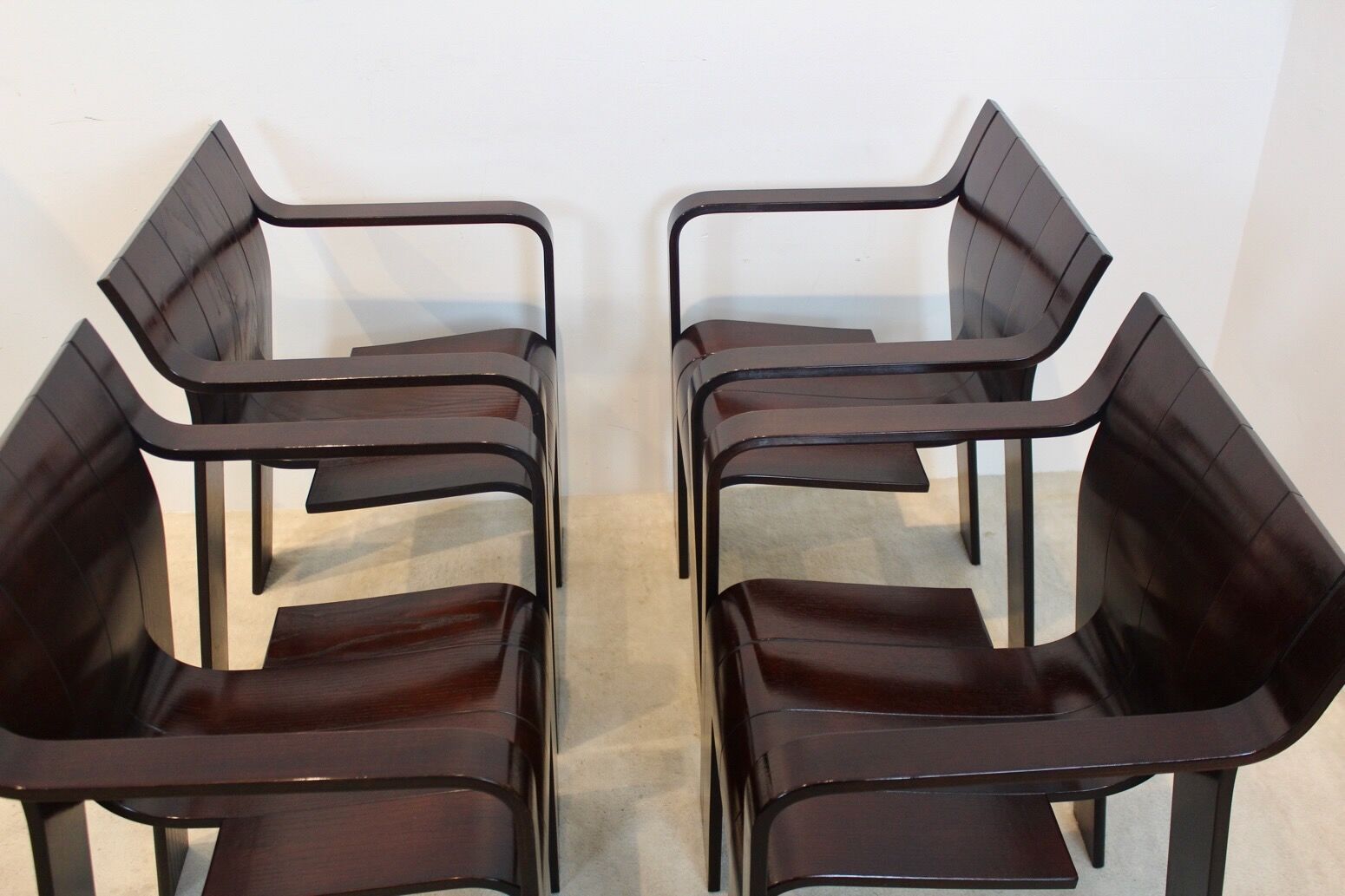 Set of four Strip dining chairs with dark brown ash armrests by Gijs Bakker for Castelijn