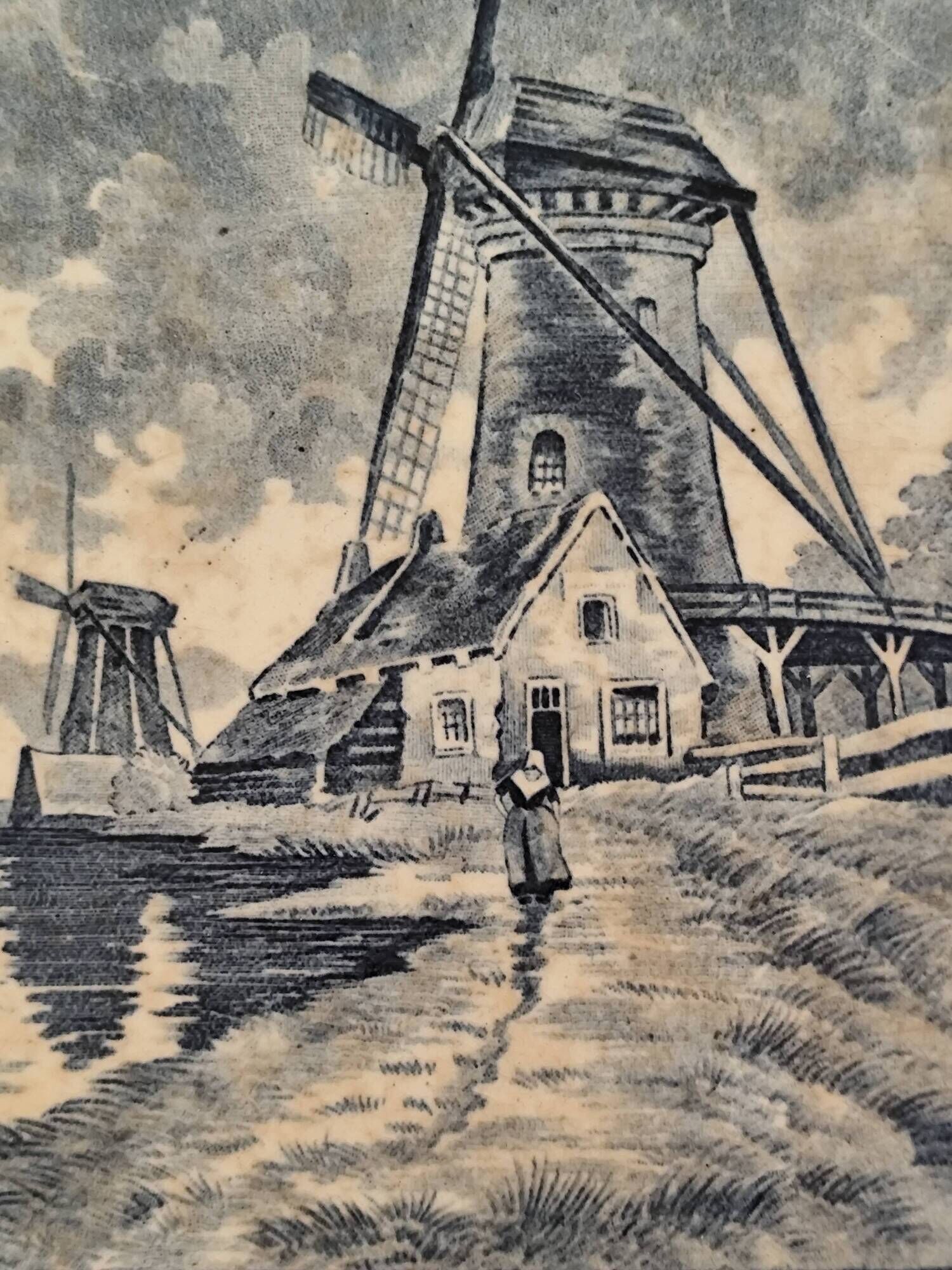 Ceramic tile trivet and wooden frame with Dutch windmill.