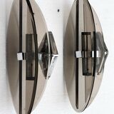Pair of elliptical italian wall lamps in smoked glass and chrome veca