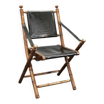 1970s French Folding Safari Chair in Teak, Black Leather and Brass