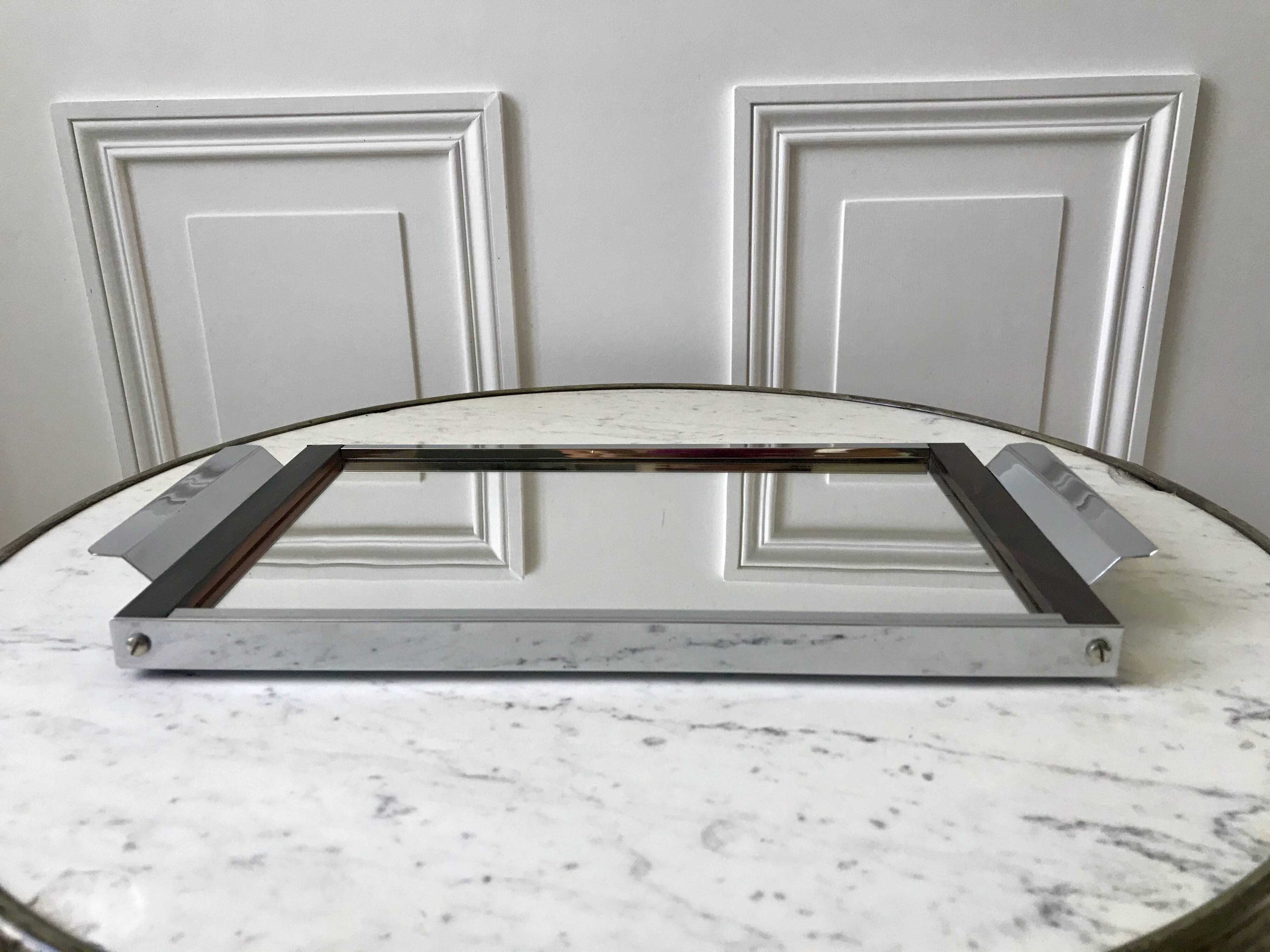 mirrored tray in chrome and wood 60s