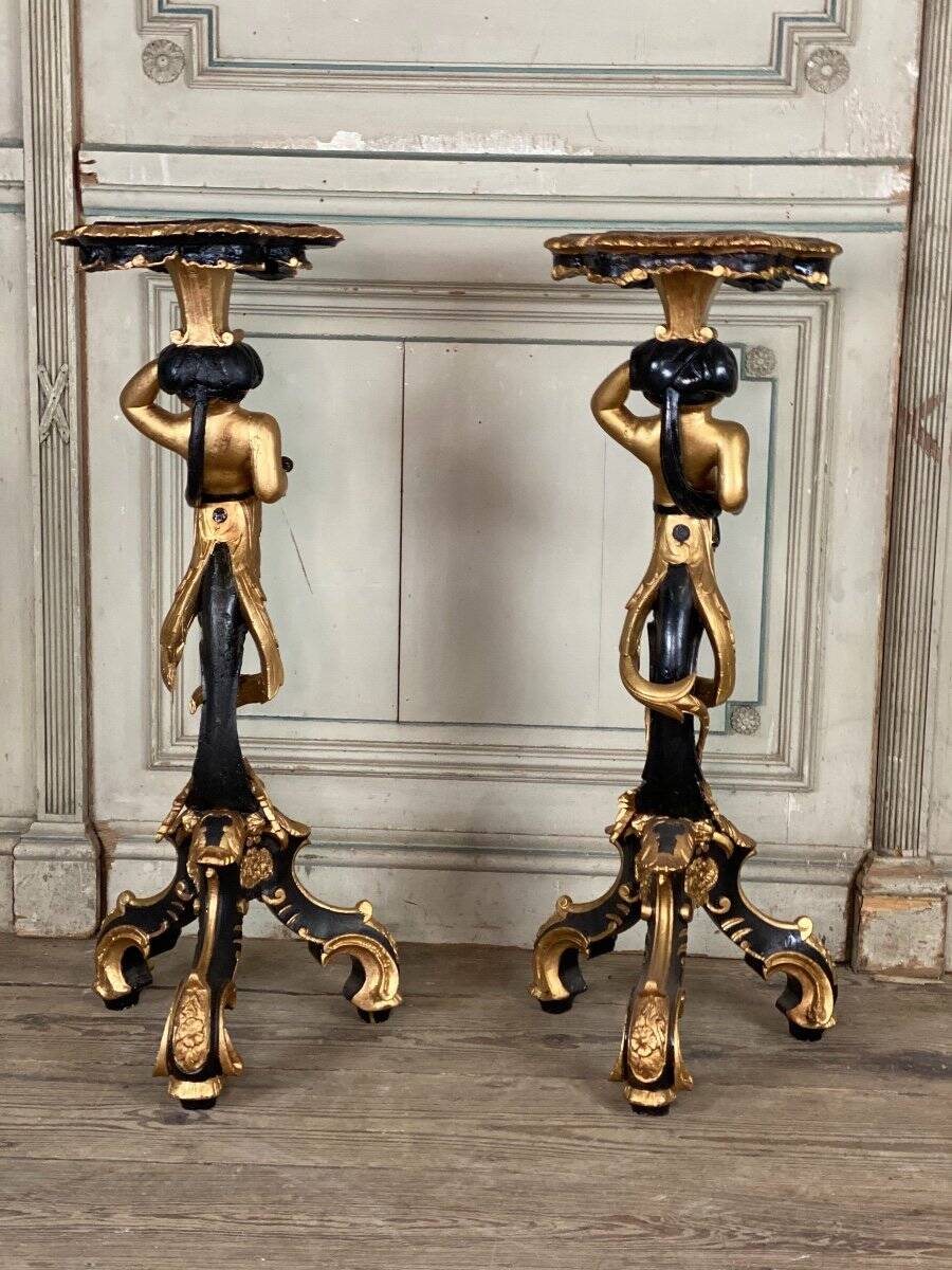 Pair of carved wooden pedestals, black and gold patina circa 1900