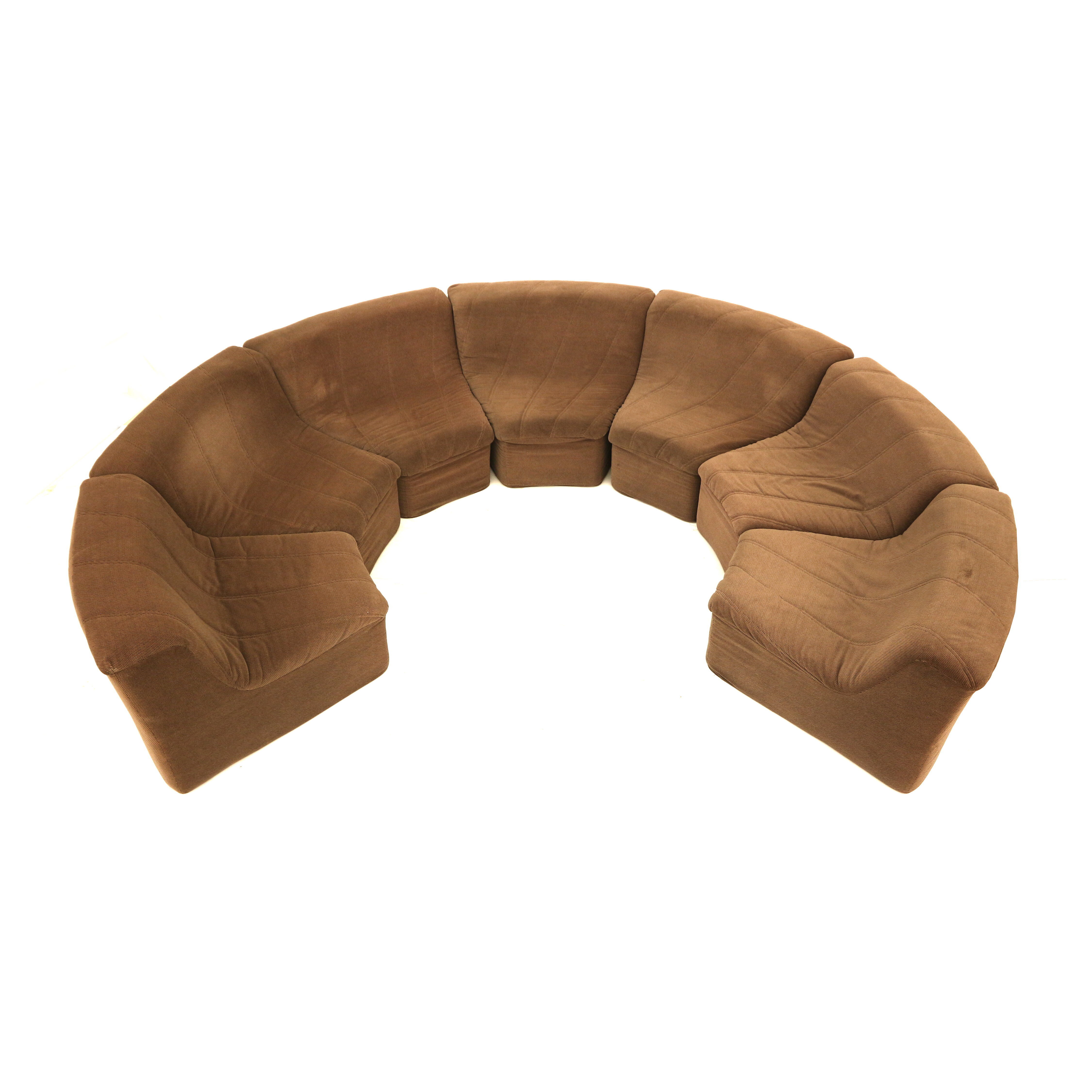 Round vintage modular sofa made of brown velvet from the 1970s