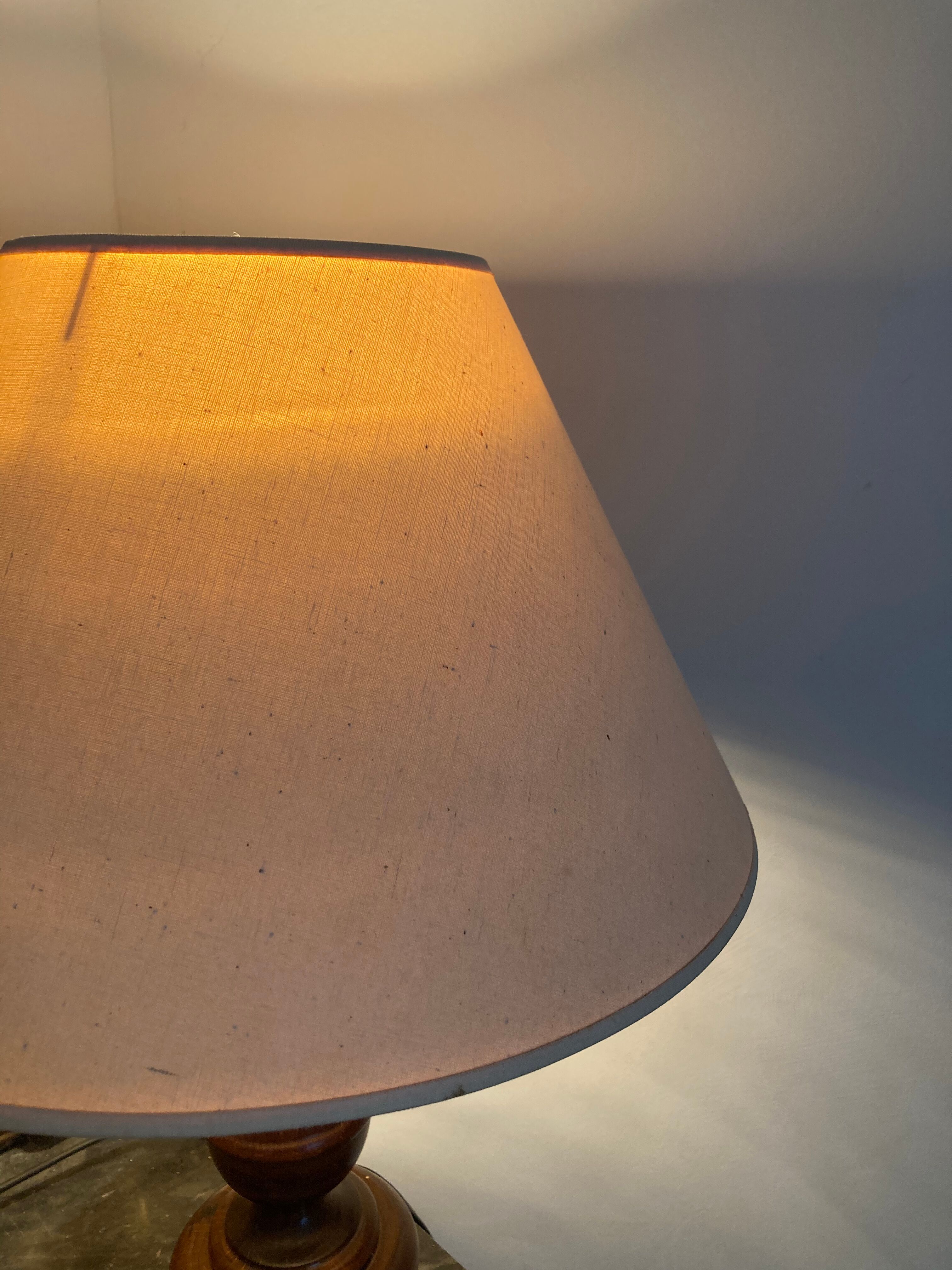 Wooden lamp turned off-white vintage lampshade