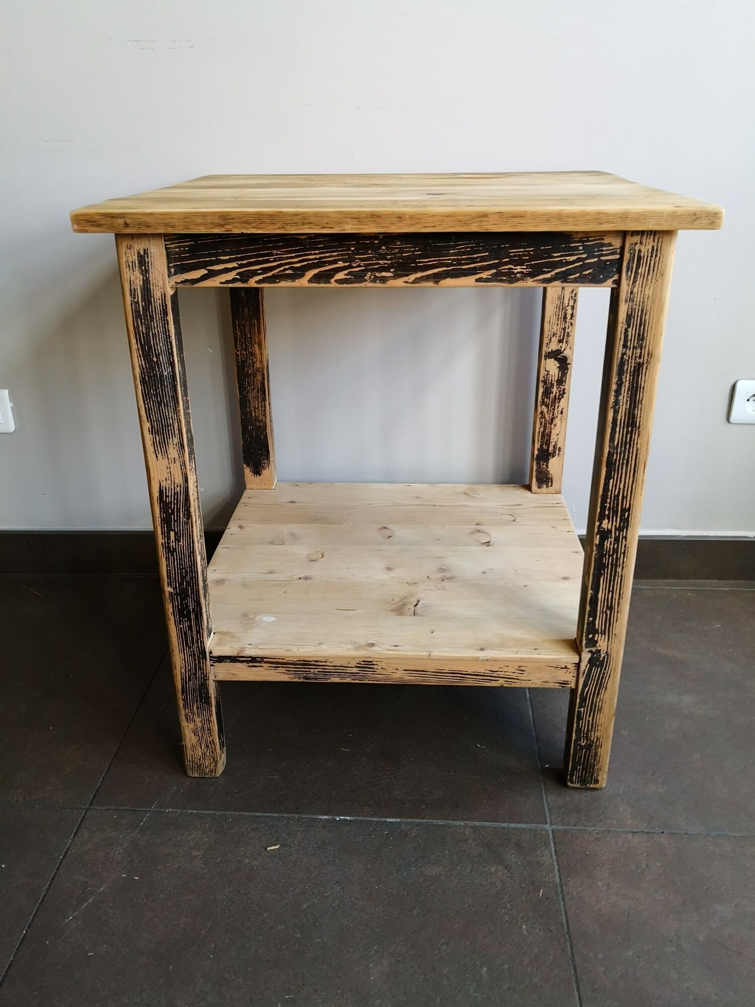 Vintage wooden side table, entrance console, square pedestal table 2 floors.